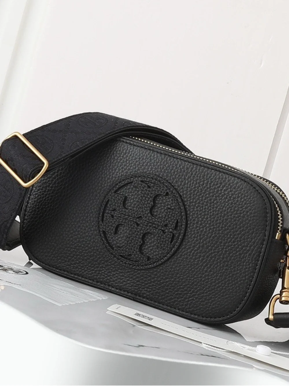 Tory Burch Black Pebbled Leather Crossbody with Logo Medallion